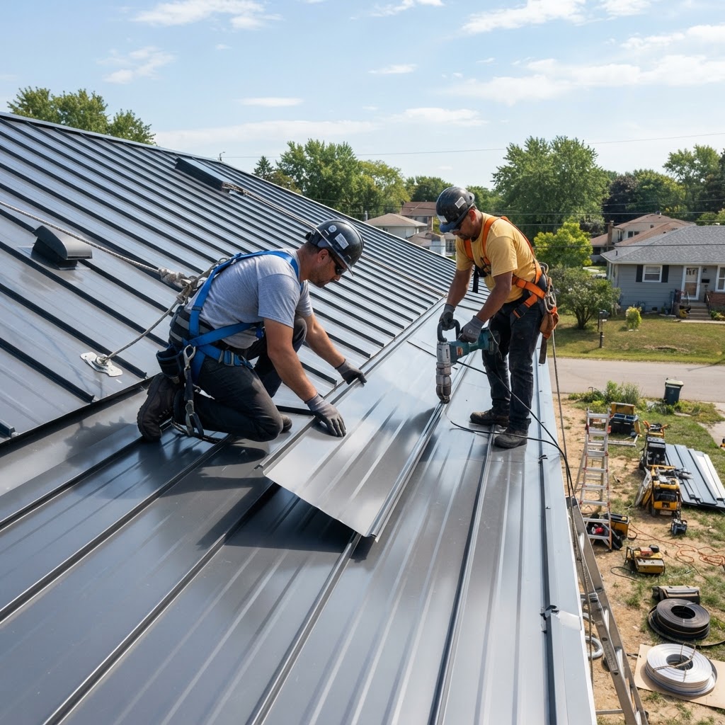TrueSteel crew installing a standing seam metal roof