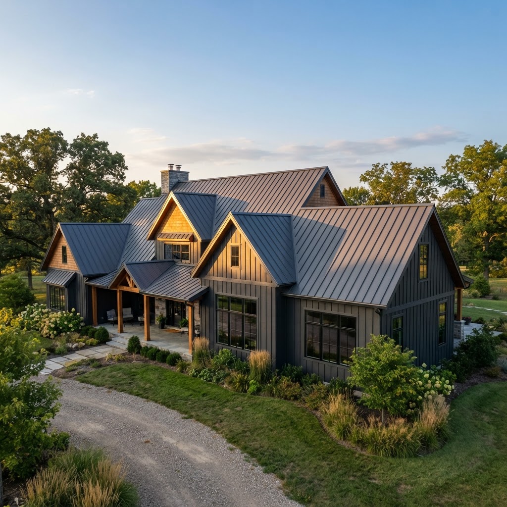 Home with standing seam metal roof at golden hour